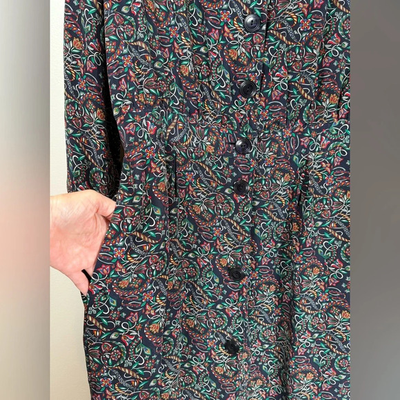 Vintage Talbots Shirt Dress 100% Silk Navy Green Floral Pattern Women’s Size 14 - Picture 3 of 10